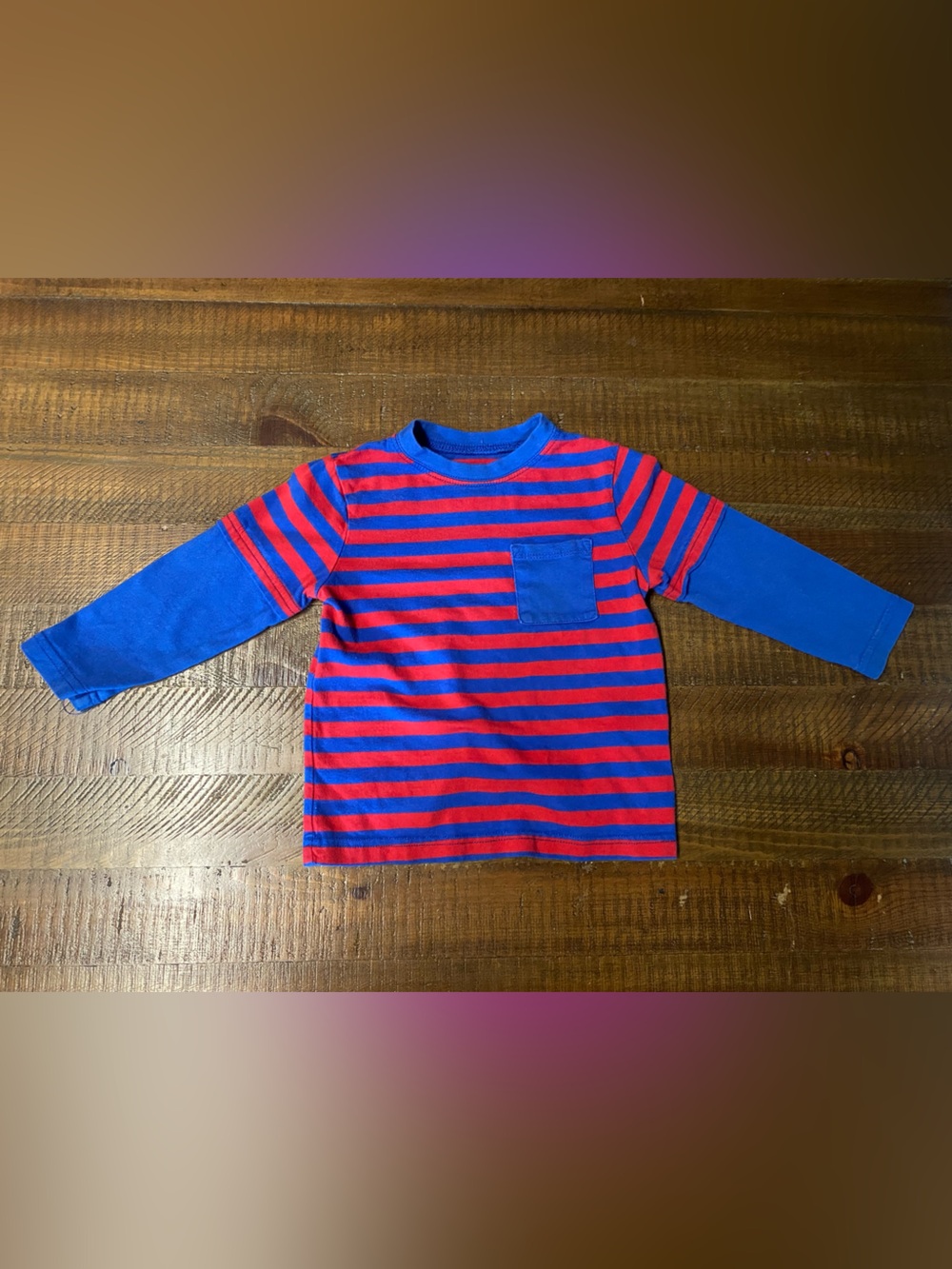 Kids Red & Blue Striped Long Sleeve Pocket Tee